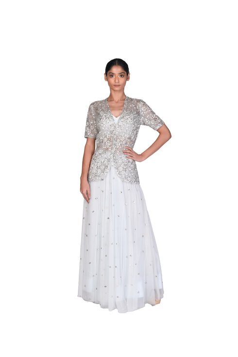 Pale Blue Vine EMB Jacket with Bustier and EMB Tulle Skirt
